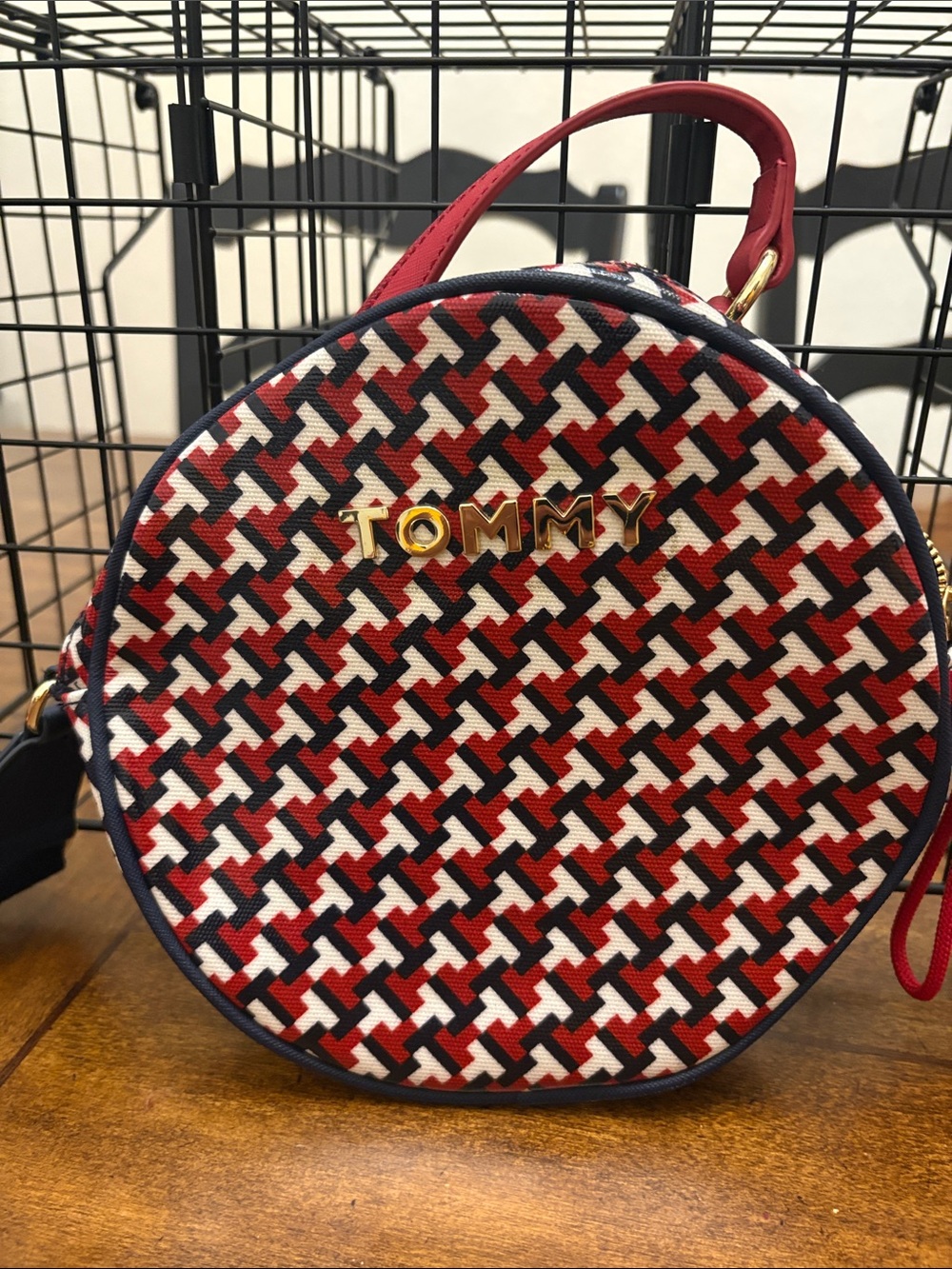 Tommy Hilfiger Red Navy White Round Crossbody with Gold Logo